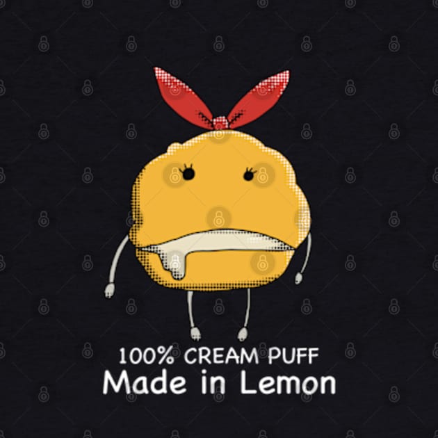 Mashle Anime 100% Made in Lemon Irvine Cream Puff Plush Lucky Charm given to Mash Burnedead in episode 8 in Pop Art Style Black and White Text by Animangapoi